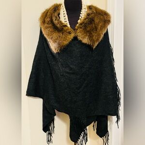 I. Crew Black Shawl Wrap with Faux Fur Collar